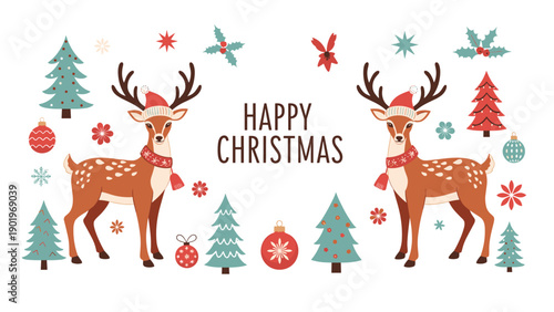 Charming 'Happy Christmas' banner featuring two adorable reindeer adorned with Santa hats and festive scarves, surrounded by traditional pine trees, holly, and sparkling ornaments.