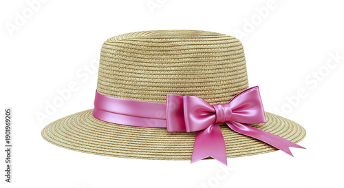Straw hat with pink ribbon and bow