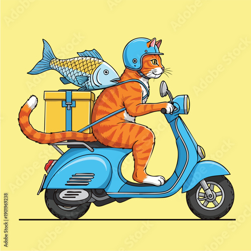 Ginger cat on a scooter delivering a fish and a package.