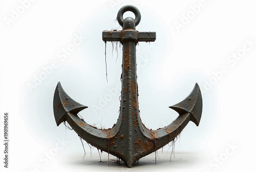 Old Rusty Ship Anchor Isolated on White Background with Seaweed