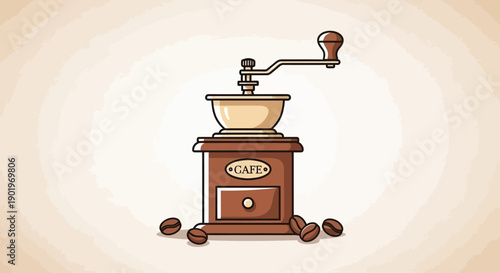 Vintage Coffee Grinder and Beans, Classic Kitchenware Illustration for Cafe and Food Concepts