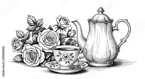 Elegant Vintage Teapot, Cup, and Saucer with Blooming Roses - Sketch