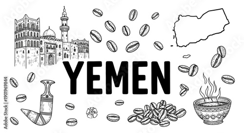 Yemen Text with Traditional Symbols and Coffee Beans, Arabic Culture Icons