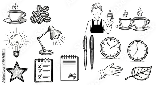 Hand Drawn and Business Essentials Collection with Coffee and Desk Lamp