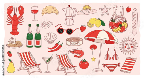 Summer Beach Vacation with Food, Drinks, and Relaxation Items