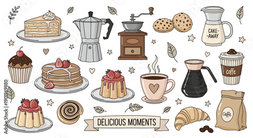 Delicious Coffee Break Assortment with Sweets, Pastries, and Coffee Making Tools