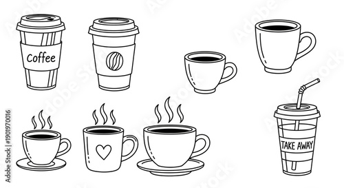 Collection of stylized hand-drawn coffee cups and drinks for cafes and design