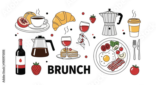 Delicious Brunch Spread: Coffee, Croissant, Wine, Fried Egg, Bacon, and Fruit