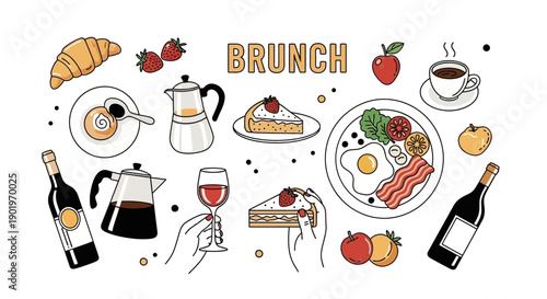 Fresh Brunch Food and Drinks Assortment with Croissant, Coffee, and Wine