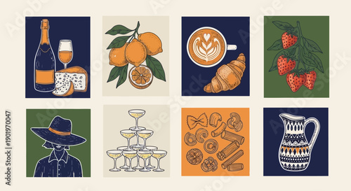 Collection of Vintage-Style Illustrations of Food, Drinks, and Lifestyle Elements