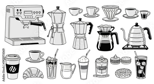 Diverse Coffee Making Tools, Drinks and Pastries Collection