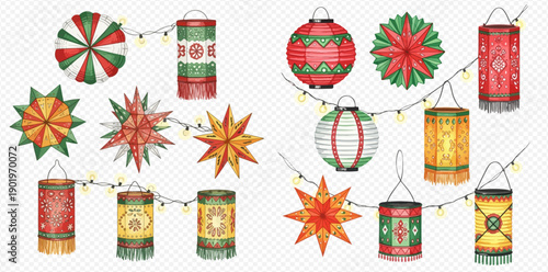 Watercolor collection of festive lanterns and star decorations with string lights, perfect for celebrations.