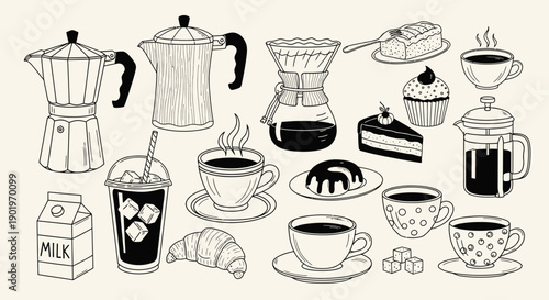 Hand-Drawn Coffee Shop Assortment: Drinks, Pastries, and Brewing Equipment Collection