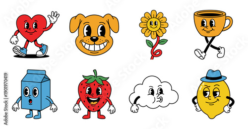 Retro Rubber Hose Style Cartoon Character Sticker Set