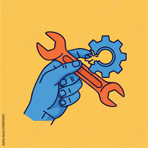 Hand holding a wrench fixing a broken gear.