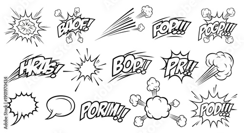 Collection of Black and White Comic Book Sound Effects and Speech Bubbles
