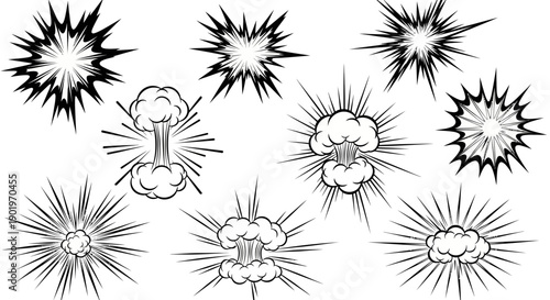 Collection of Comic Book Style Explosions and Burst Effects with Lines and Clouds