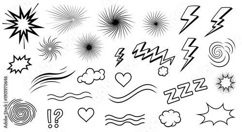 Collection of Dynamic Hand-Drawn Comic Style Effect Elements and Symbols Vector