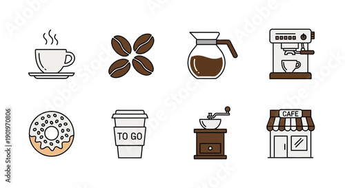 Collection of Coffee Related Icons Including Cup, Beans, Machine, Grinder, and Cafe Shop