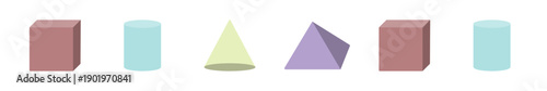 Visual representation of three-dimensional solids like cubes, cones, and cylinders in a clean flat design.