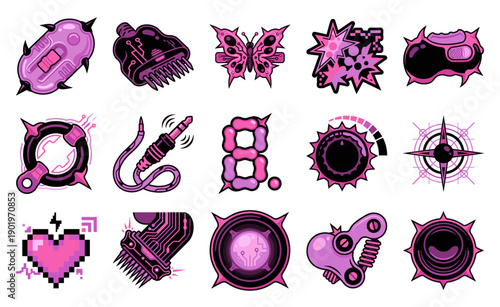Cyberpunk Neo-Pop Electronic Component Graphic Element Kit for Futuristic Music Production and Tech Branding