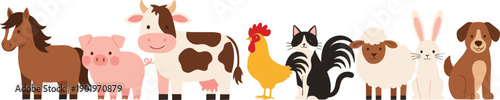Cute farm animal collection with horse pig cow chicken sheep rabbit dog and skunk cartoon vector illustration set