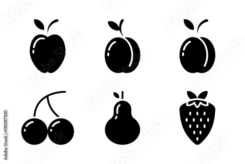 A collection of solid black glyph icons representing common orchard fruits and berries for organic branding.