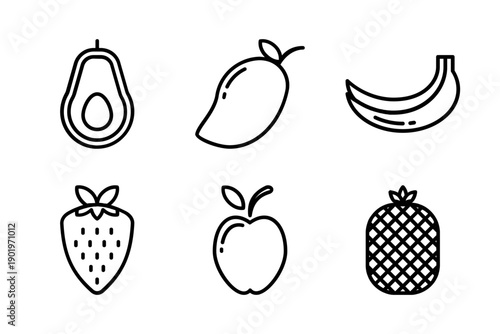 High-quality line art icons of nutrient-dense fruits like avocado and berries for fitness branding.