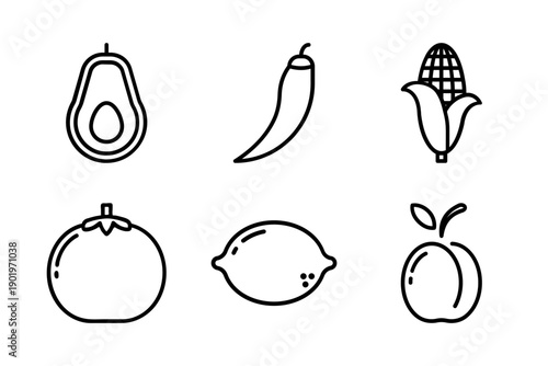 Professional vector line icons featuring avocado, chili, corn, and tomato for cooking and recipe apps.
