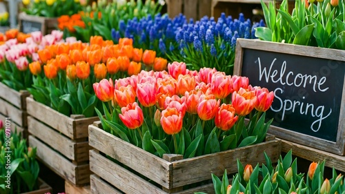 Vibrant orange and pink tulips burst forth in wooden crates signaling the cheerful arrival of the spring season