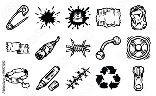 Grungy Punk Underground Aesthetic Graphic Element Kit for Alternative Rock and Streetwear Design