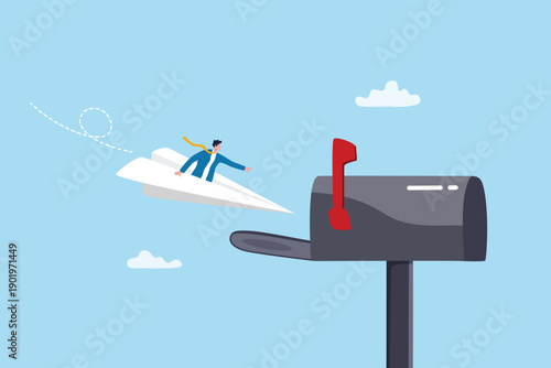 Email communication deliver newsletter right to mailbox, marketing or advertising promotion, email subscription notification, businessman fly origami airplane deliver mail to destination mailbox.