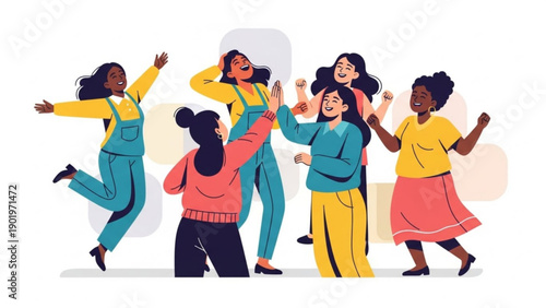 Diverse group of women dancing together in colorful outfits on white background with abstract shapes