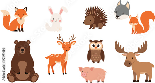 Cute woodland animal characters set with fox rabbit bear deer owl hedgehog wolf pig and moose cartoon vector illustration collection