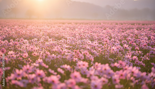 wide angle shot of a field of pink cosmos flowers at sunrise, warm golden hour sunlight, lens flare, soft focus foreground, romantic nature scene, blurry background for text