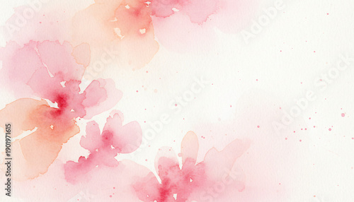 soft watercolor painting background, valentine theme, splashes of pink and peach colors, wet on wet technique, artistic paper texture visible, subtle and elegant, white space for text
