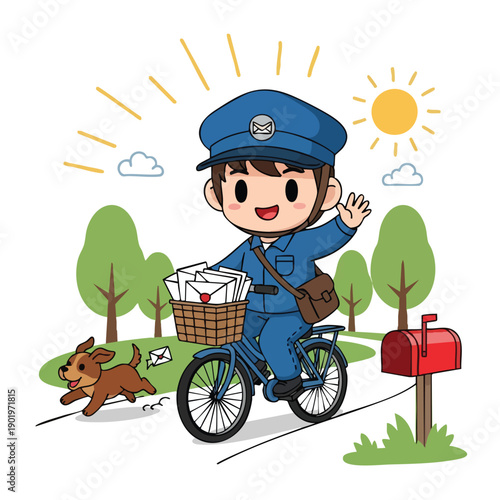 Happy mailman delivering letters on a bicycle with a dog.