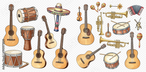 Collection of various watercolor musical instruments, including guitars, drums, trumpets, and maracas, on a transparent background.