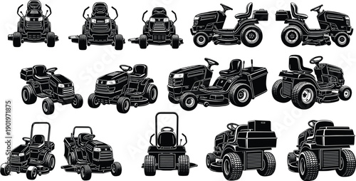 Large Set of Black and White Lawn Mower Illustrations Featuring Various Riding Mowers Garden Tractors and Zero Turn Mowers for Landscaping and Yard Maintenance Services