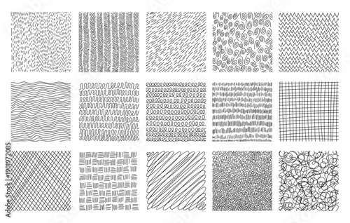 Crosshatch line texture hand drawn shading effects set. Pencil-drawn pattern collection featuring diagonal stripes, dots, and scribbles. Perfect for art backgrounds and drawings