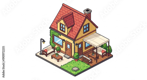 Charming Isometric Cartoon House with Garden and Patio.