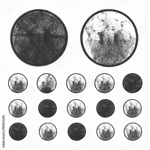 Set of abstract circular charcoal textures and hand-drawn grunge ink stamps isolated on white background