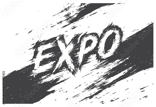 Bold black-and-white design featuring the word EXPO painted with brush-stroke typography across textured stripes. Ideal for event branding, trade shows, posters
