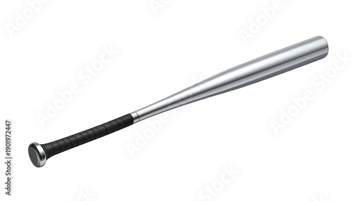 Shiny, metallic baseball bat with black grip against a black background