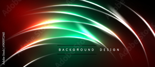 Abstract neon lines create dynamic curves. Dark background emphasizes vibrant green, red, white glow. Modern design element.