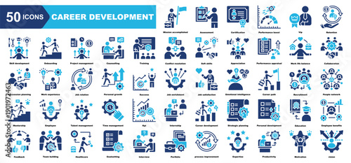 Career Development icon collection set.Mission accomplished,Assessment,Certification,Performance boost,Vip,Retention,Skill development.Simple vector illustration.