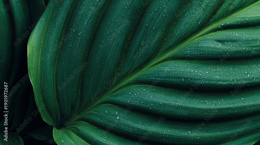Obraz premium Closeup tropical green leaf with detailed texture, fresh vibrant foliage, flat lay, natural background, tropical wallpaper banner concept