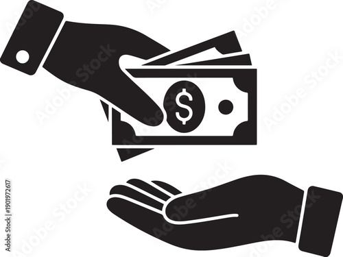Hand giving money to another person for cash payment and donation concept silhouette