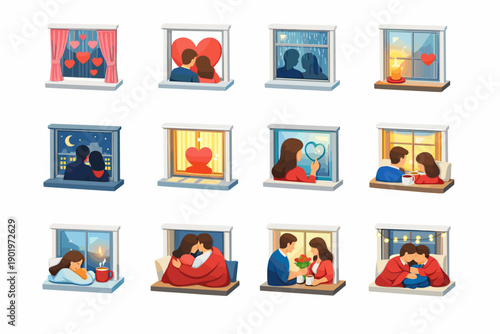 Romantic window scenes illustration set