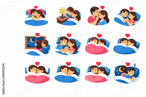 Romantic Couples Bedtime Cartoon Illustrations Set